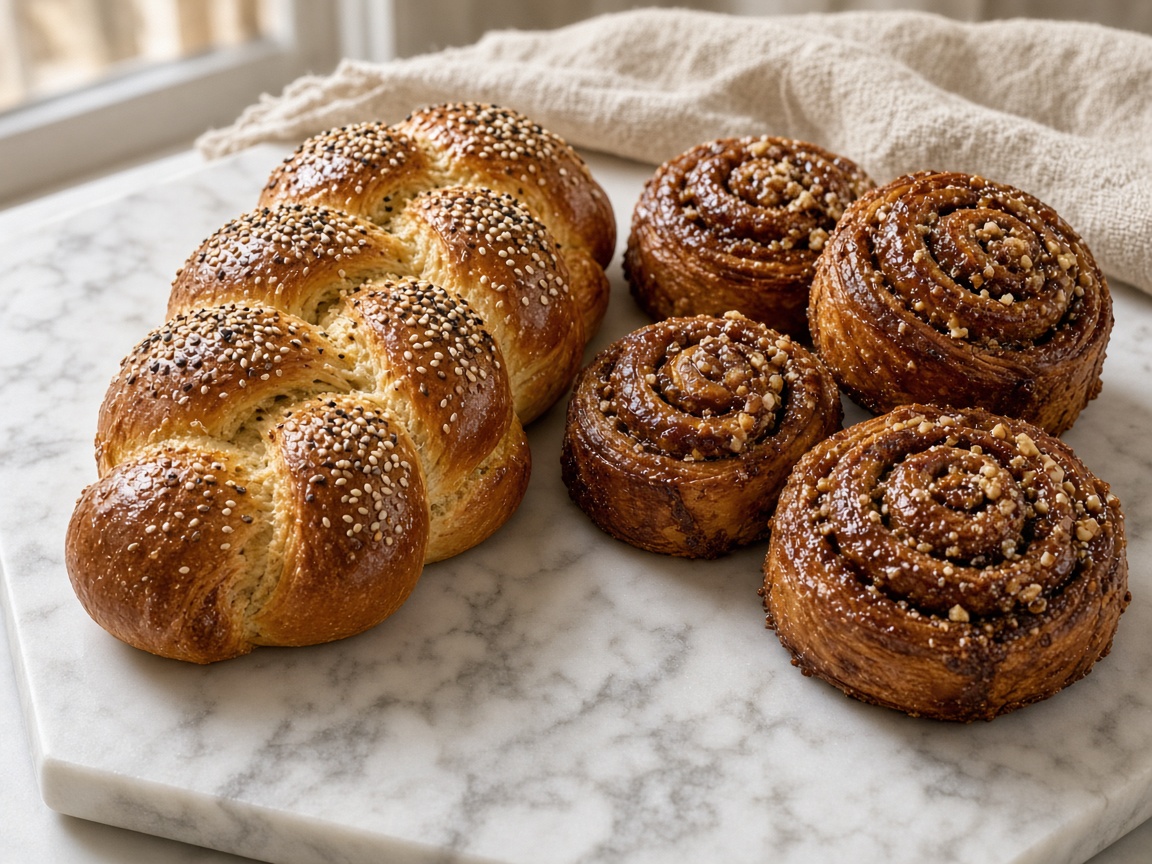 Braided challah on a marble slab