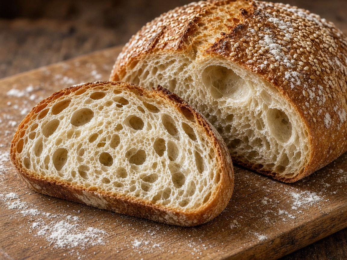 Open crumb of a sesame sourdough