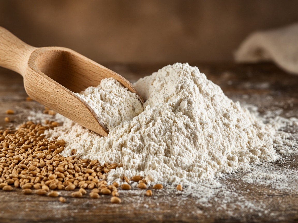 Flour, a wooden scoop, and wheat grains