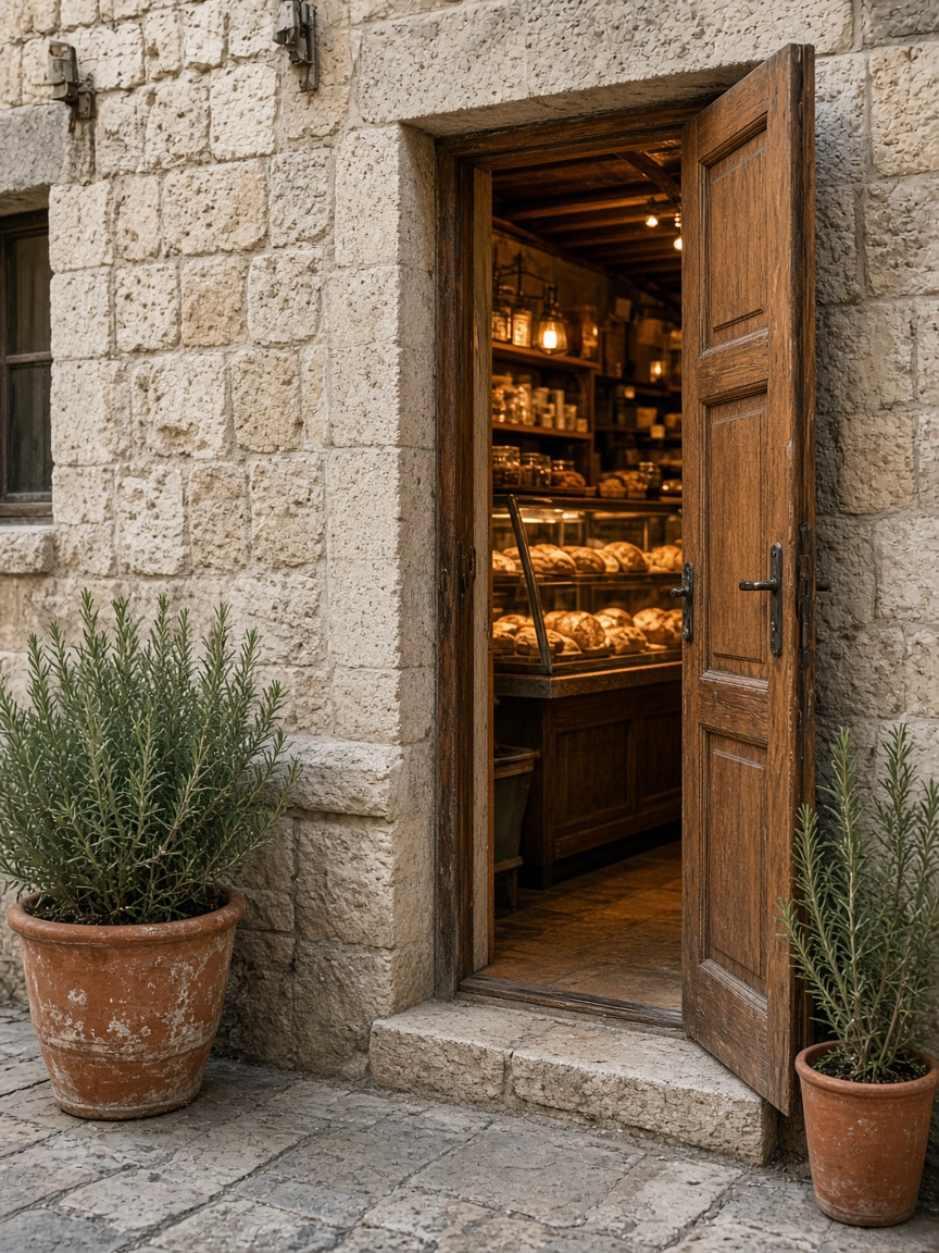 Jerusalem stone bakery doorway in the morning