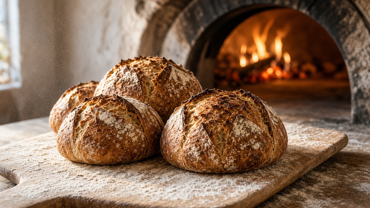 Sourdough loaves on a wooden peel