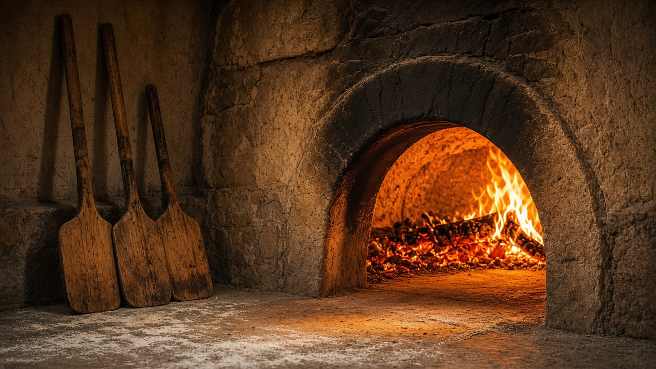 Open wood-fired oven with peels beside it